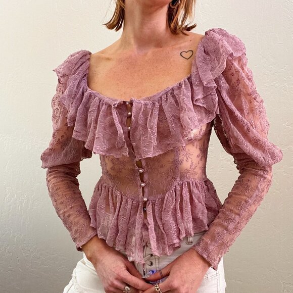 Vintage Tops - Vintage 1970's Purple Lace Long Sleeve Ruffle Button Up Blouse